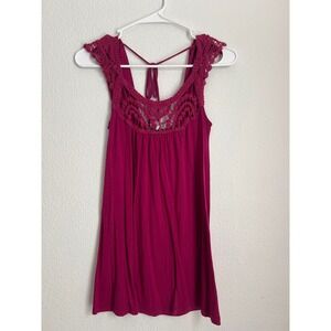 Pink‎ Crochet Neck Cap Sleeve Tie Back Tunic Top Size S